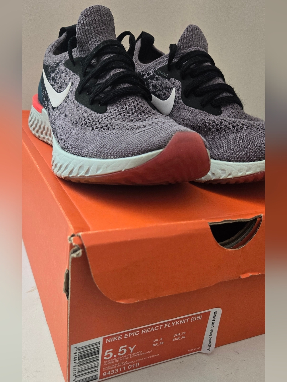 Nike Epic React Flyknit Kids Running Shoes - Gray with Red Accents